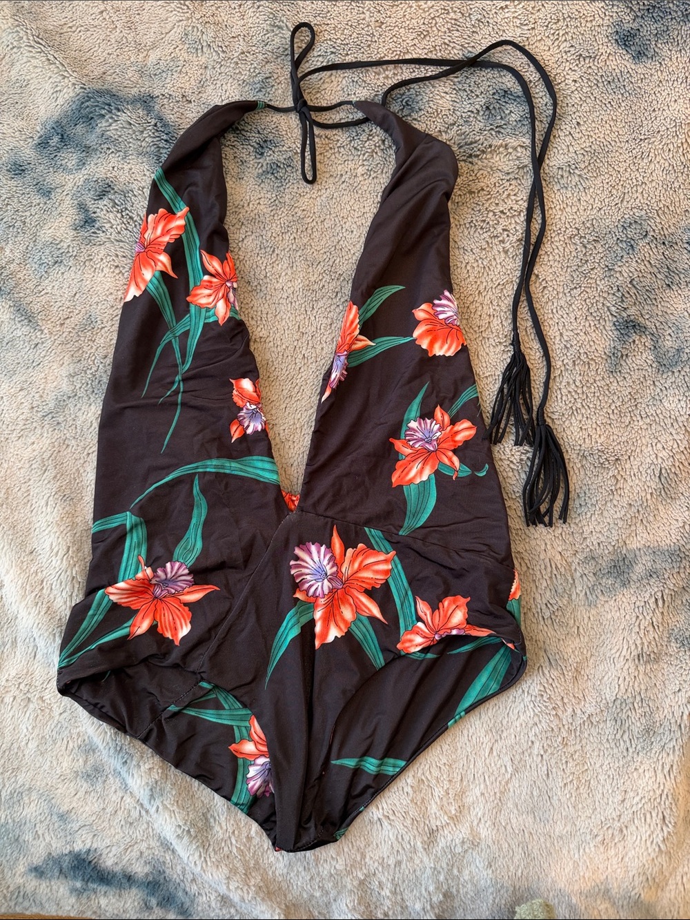 Indah Black One-Piece Swimsuit with Red Floral Print